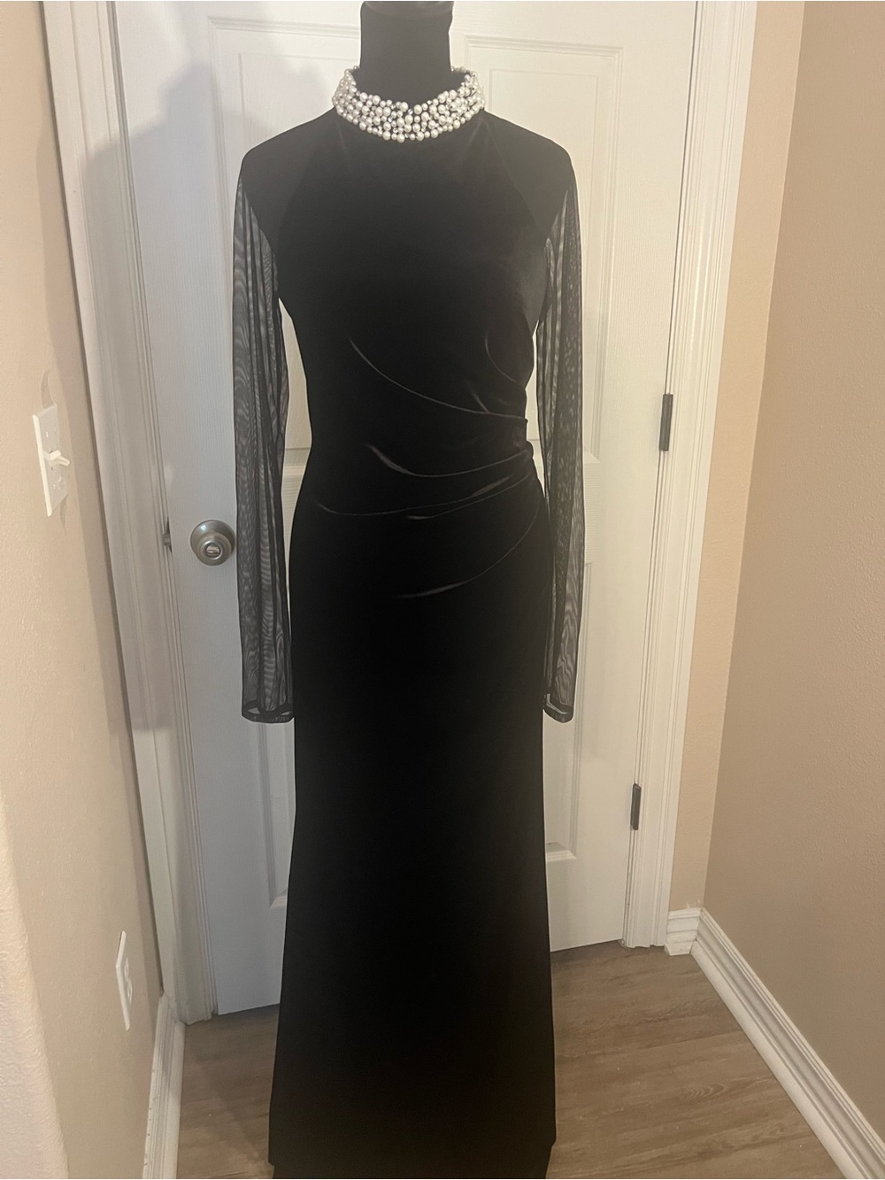 Black Formal Evening Gown with Pearl Collar